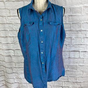New York & Company Iridescent Blue Silk Blouse Size XL